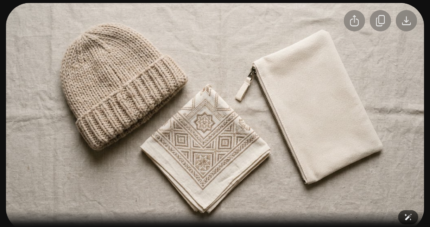 Assortiment petits accessoires AYLAL : bonnet tricoté, bandana coton, pochette toile, Made in Morocco