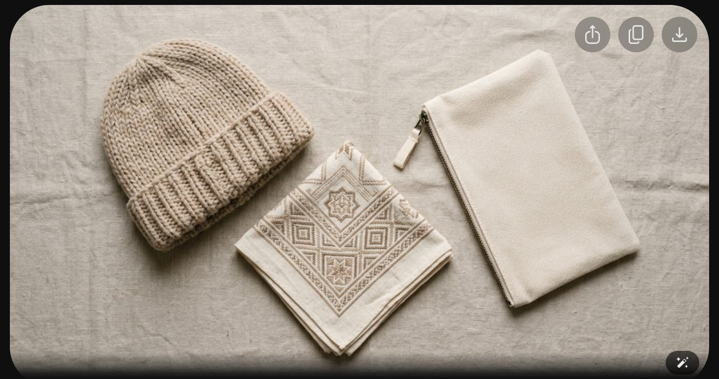 assortiment-petits-accessoires-aylal-bonnet-bandana-pochette Assortiment petits accessoires AYLAL : bonnet tricoté, bandana coton, pochette toile, Made in Morocco