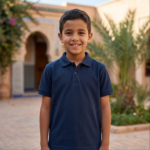 Polo Enfant Coton Premium AYLAL porté par mannequin enfant marocain, riad, sans texte ni logo