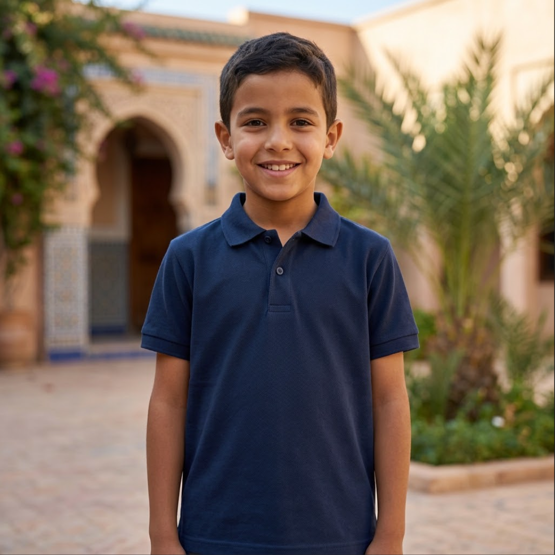mannequin-enfant-marocain-polo-pique-marine Polo Enfant Coton Premium AYLAL porté par mannequin enfant marocain, riad, sans texte ni logo