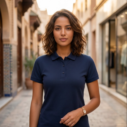 Polo Piqué Femme AYLAL porté par mannequin marocaine, ruelle médina, sans texte ni logo