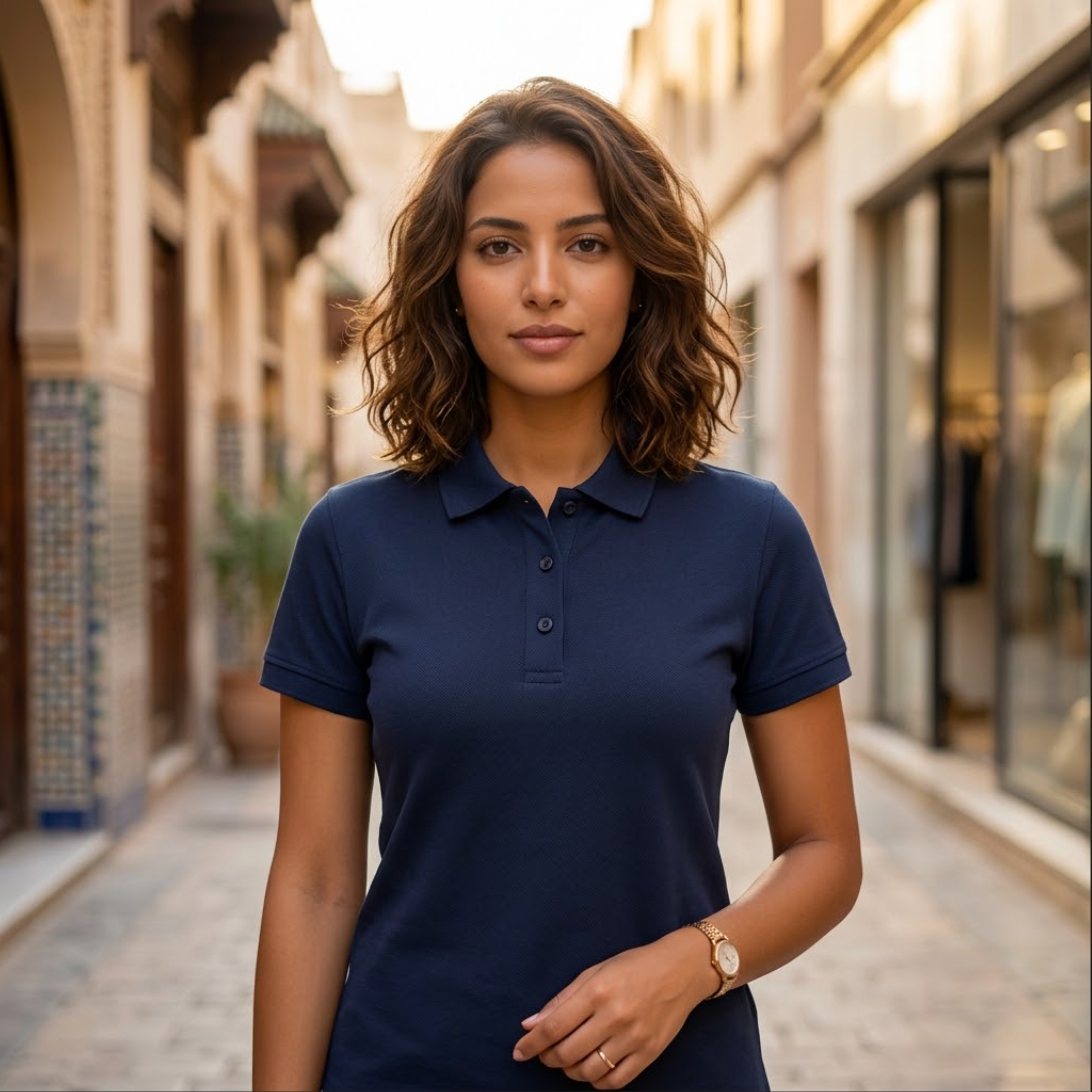 mannequin-femme-marocaine-polo-pique-marine Polo Piqué Femme AYLAL porté par mannequin marocaine, ruelle médina, sans texte ni logo